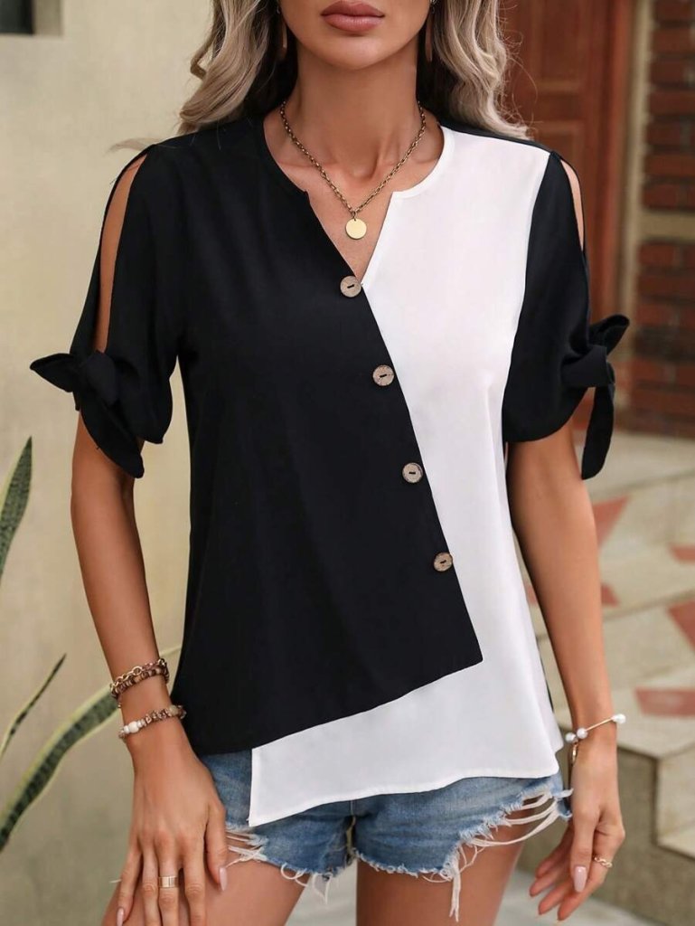 Women's Short Sleeve Tie-Front Asymmetrical Hem Two-Tone Detail Buttoned Imported Crepe Blouse