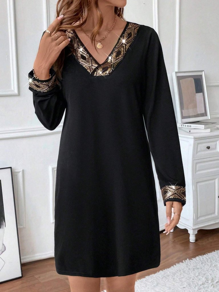 Women's Long-Sleeved V-Neck Sequin-Detailed Mini Imported Crepe Dress