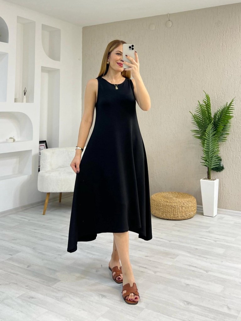 Women's Strappy Round Neck Asymmetrical Cut Viscose Dress