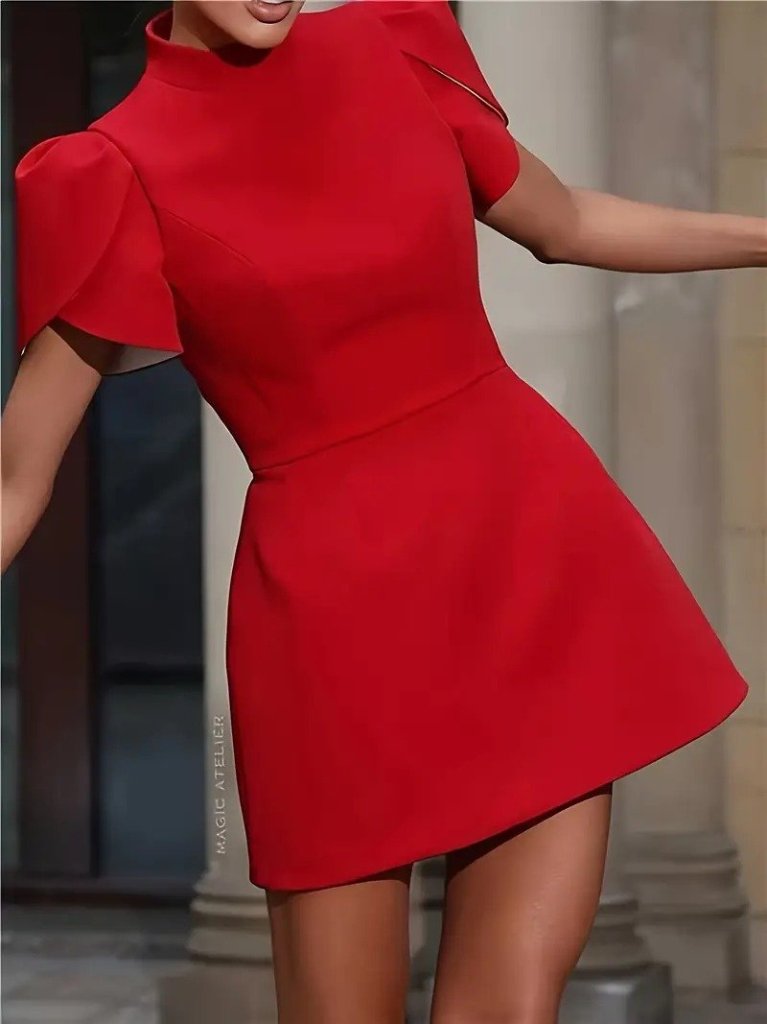 Women's Short-Sleeve Mock Neck Short Satin Dress with Butterfly Cut-out Back