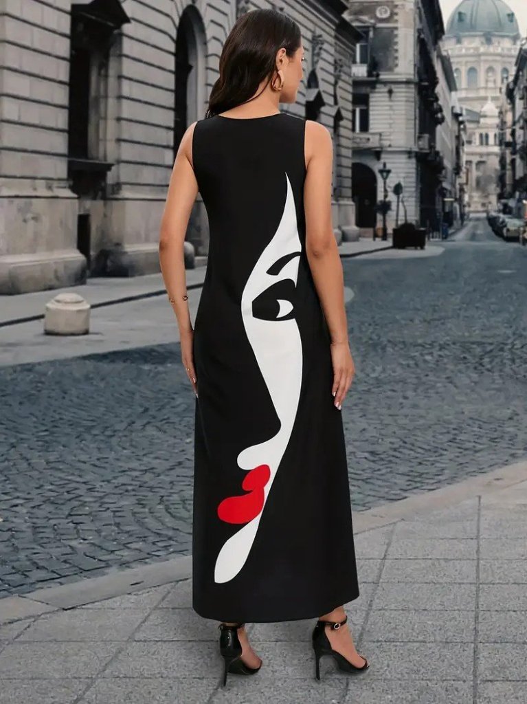 Women's Sleeveless V-Neck Women's Face Patterned Interlock Dress
