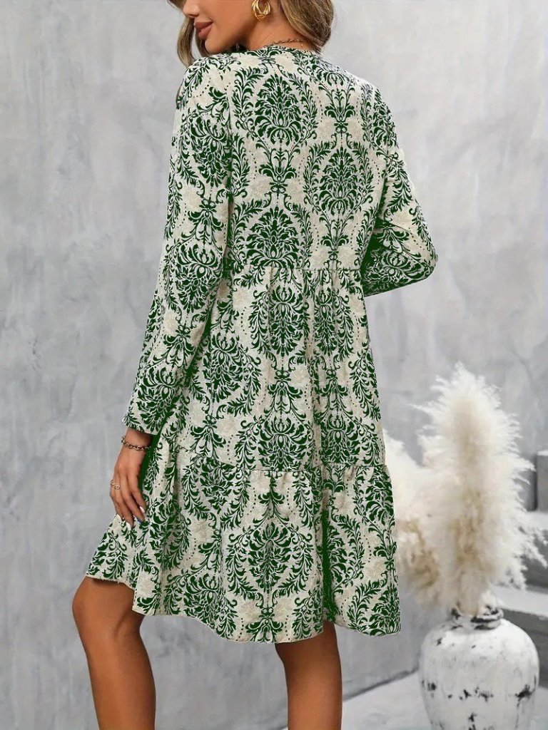 Women's Long-Sleeved V-Neck Ruffle Mini Jersey Dress