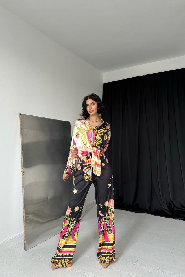 Patterned Shirt And Patterned Pants Set