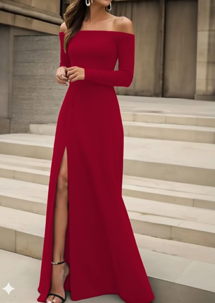 Women's Long-Sleeved Madonna Neck Slit Detail Long Imported Crepe Dress