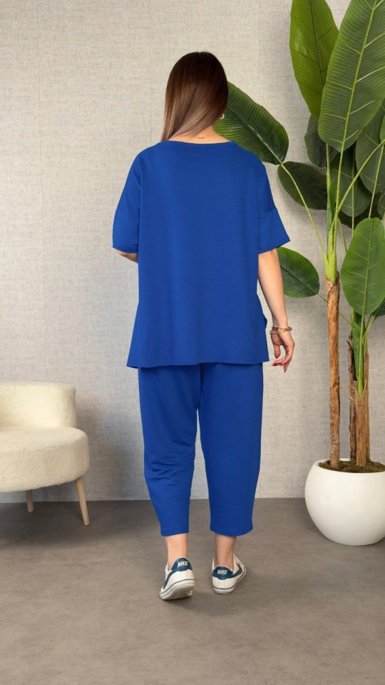 Women's Short Sleeve Crew Neck Viscose Two-Ply Blouse and Trousers Two-Piece Set