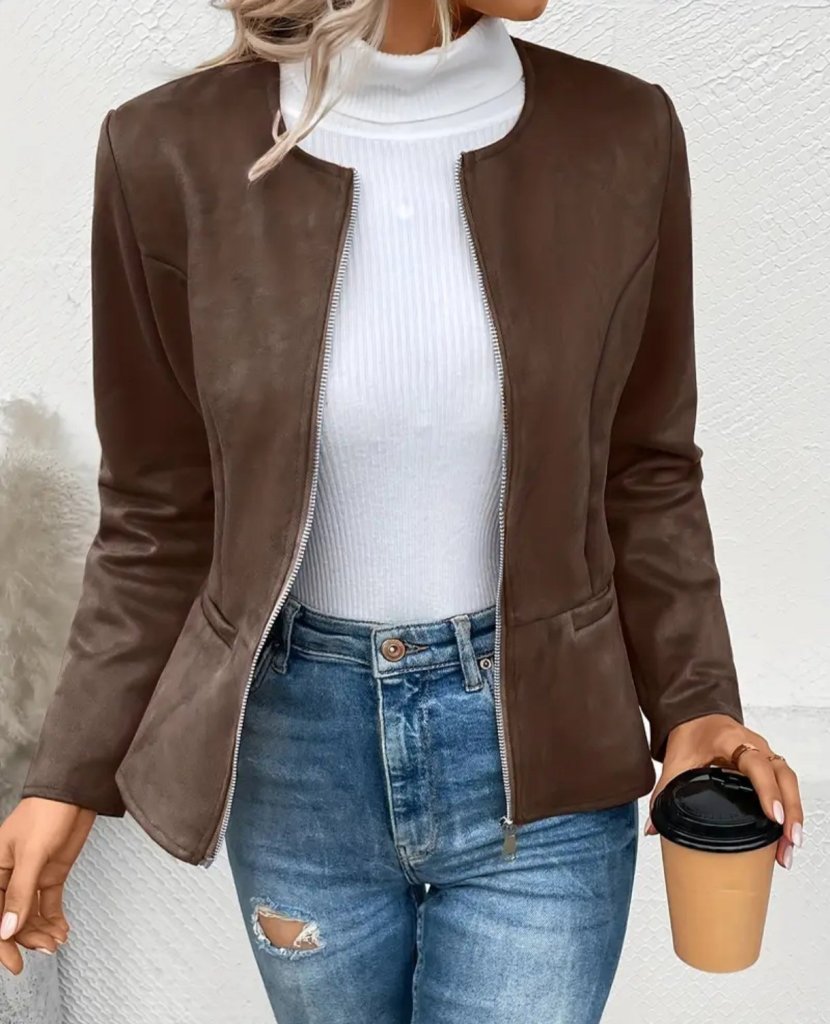 Women's Long Sleeve Round Neck Front Zip Suede Jacket
