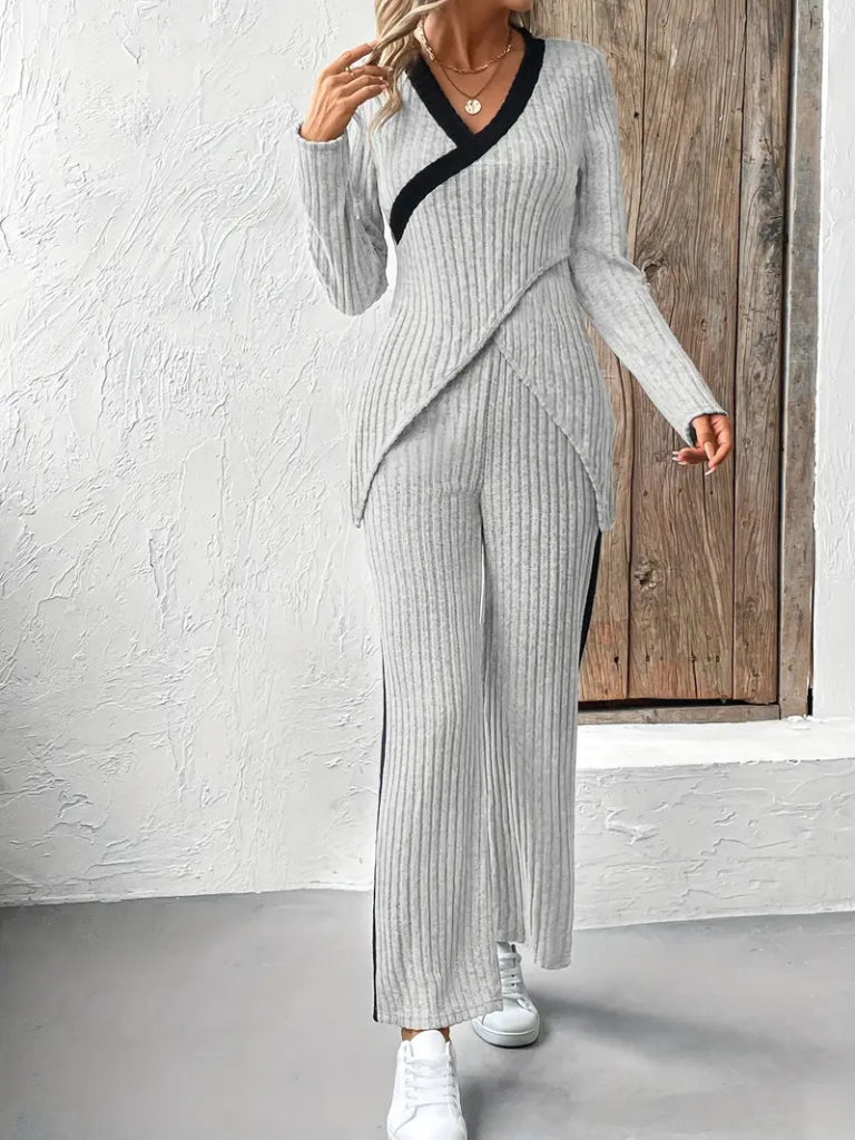 Women's Long-Sleeved V-Neck Crisscross Detail Brushed Ribbed Bralette Blouse and Pants Two-Piece Set