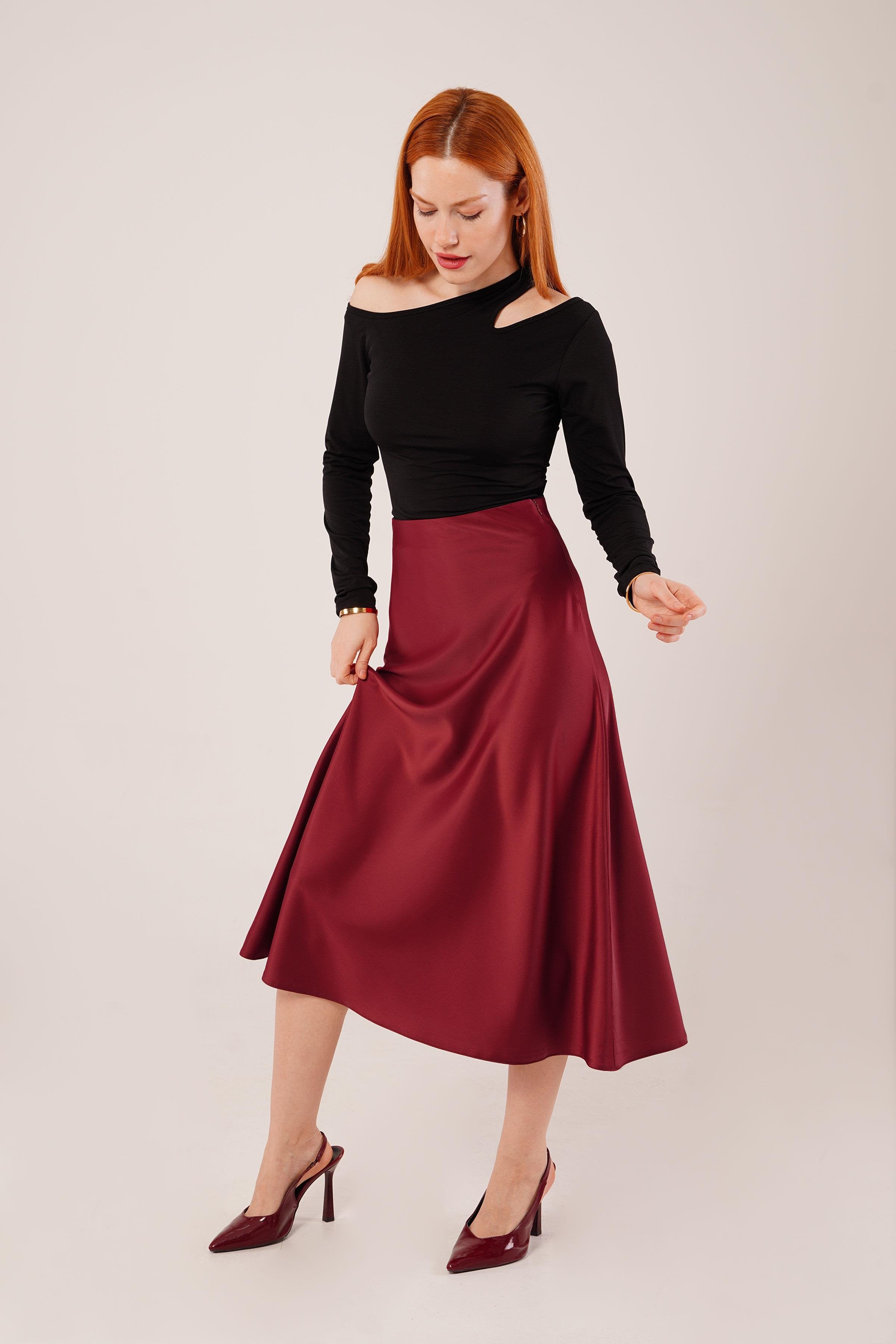 Bell-Cut Midi Burgundy Satin Skirt