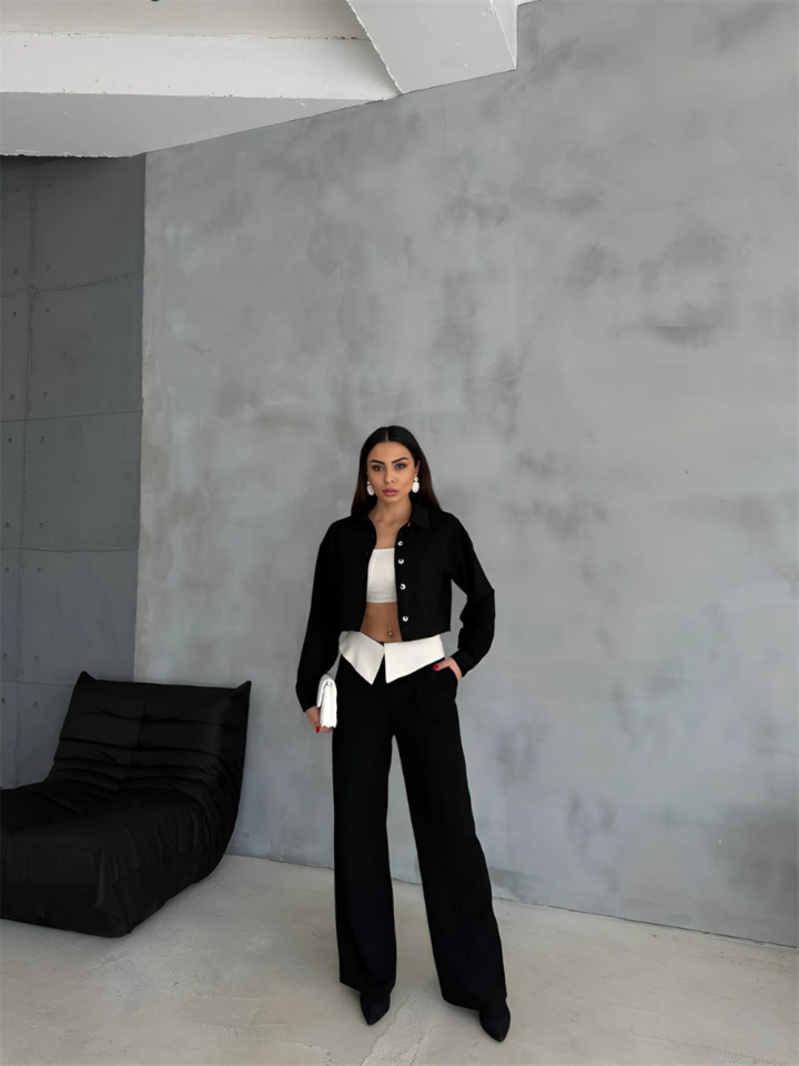 LINEN SHIRT-CROP-OVERSIZED PANTS SET - Black