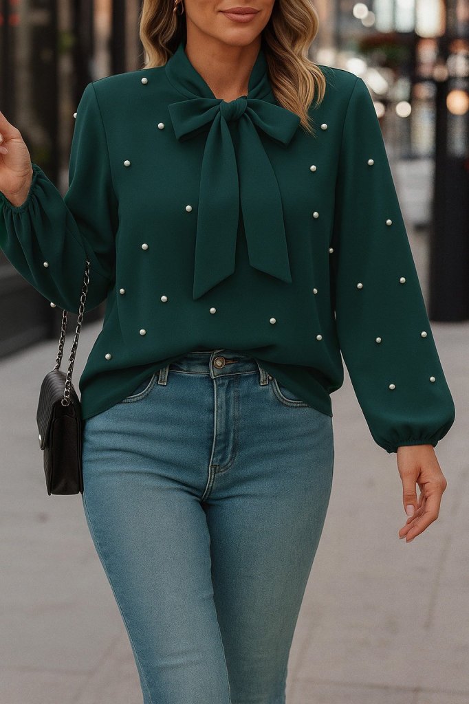 Women's Long Sleeve Bow Neck Pearl Detail Imported Crepe Blouse