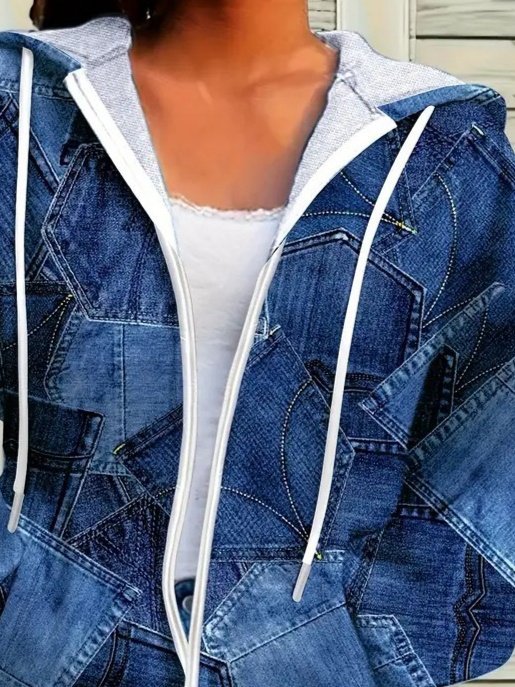 Women's Long Sleeve Hooded Zip-Up Denim Pattern Drawstring Modal Jacket