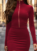 Women's Long-Sleeved Turtleneck Mini Velvet Dress with Zip Detail from Neck to Chest