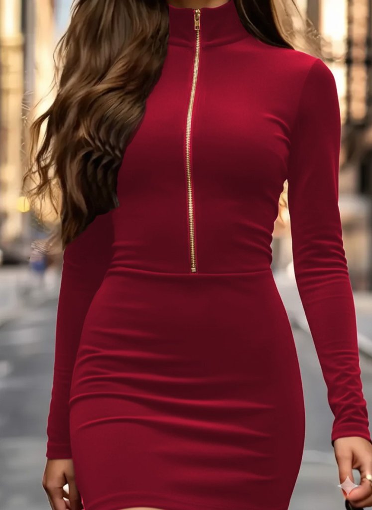 Women's Long-Sleeved Turtleneck Mini Velvet Dress with Zip Detail from Neck to Chest