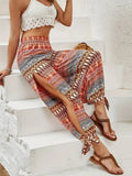 Women's High-Waist Patterned Shirred Trousers with Side Slits