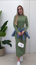 Women's Long Sleeve Turtleneck Ribbed Knit Side Slit Maxi Dress