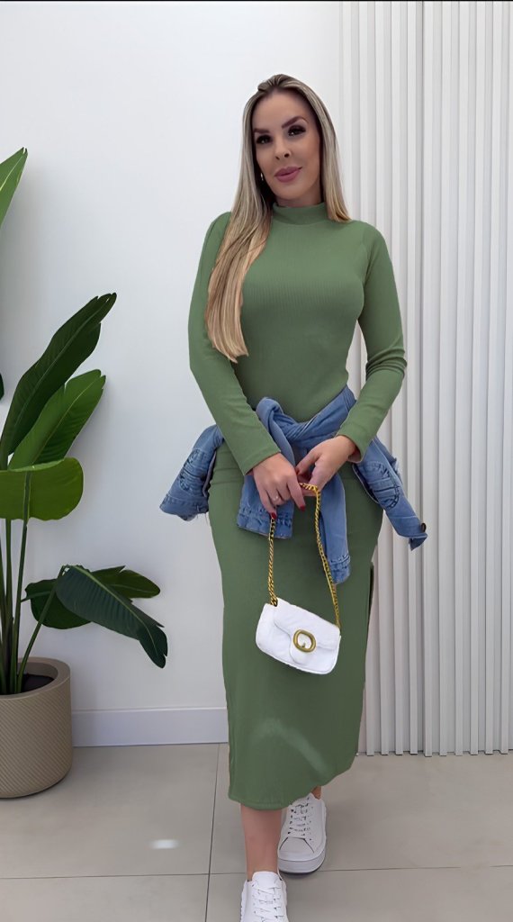 Women's Long Sleeve Turtleneck Ribbed Knit Side Slit Maxi Dress