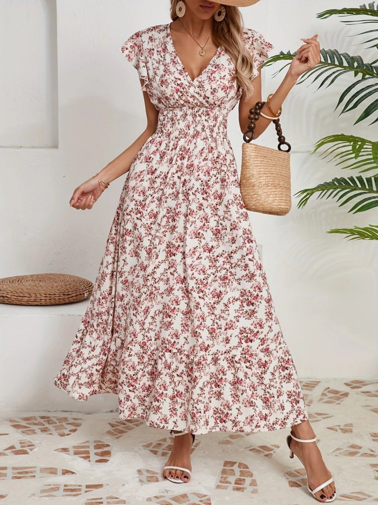 Women's Short Sleeve Wrap V-neck Elastic Waist Floral Dress