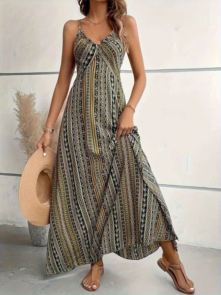 Women's Strappy Cross-back Slit Patterned Supra Dress