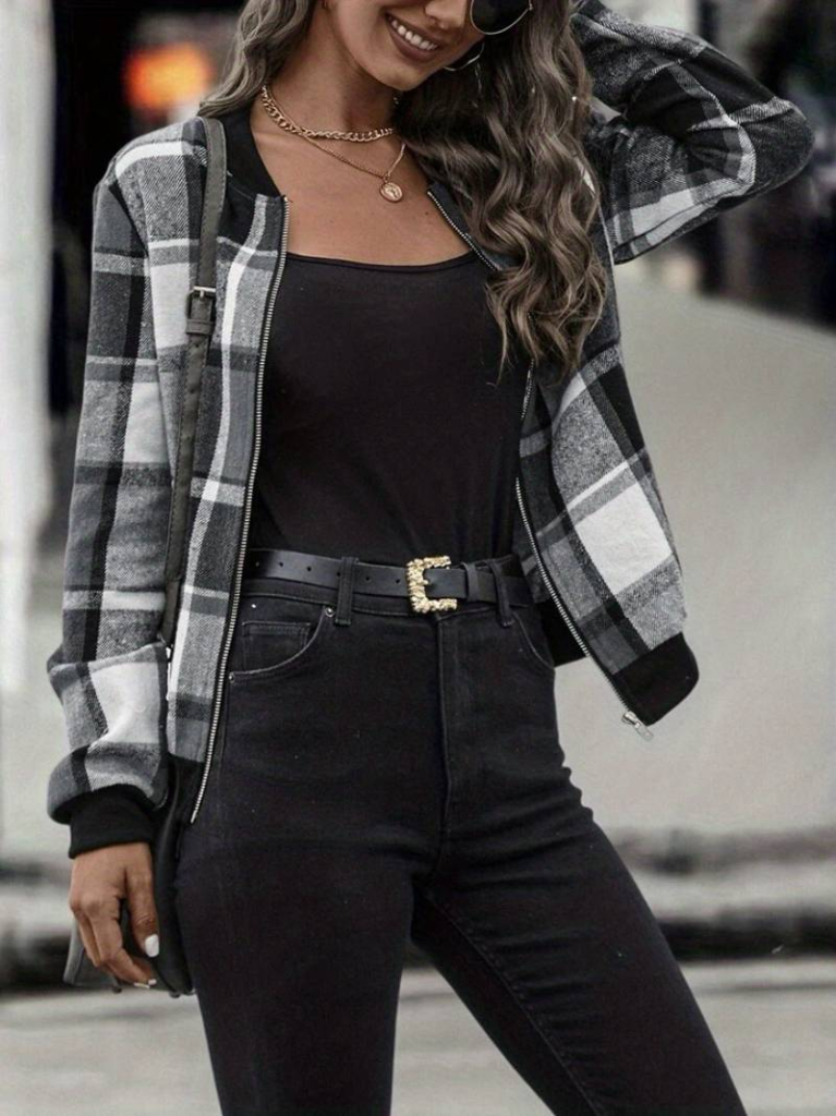 Women's Long Sleeve Front Zipper Plaid Pattern Jacket