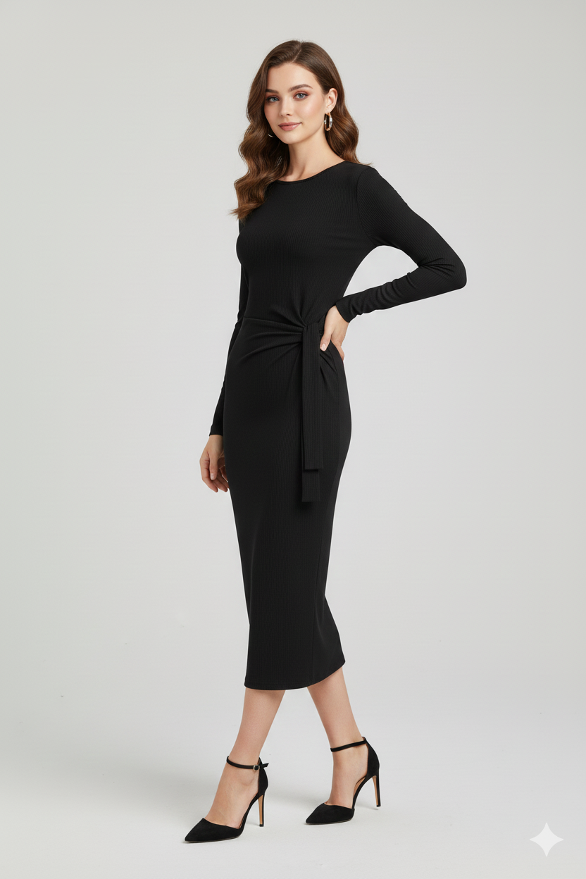 Kadın Siyah Yandan Bel Bağlamalı Uzun Elbise