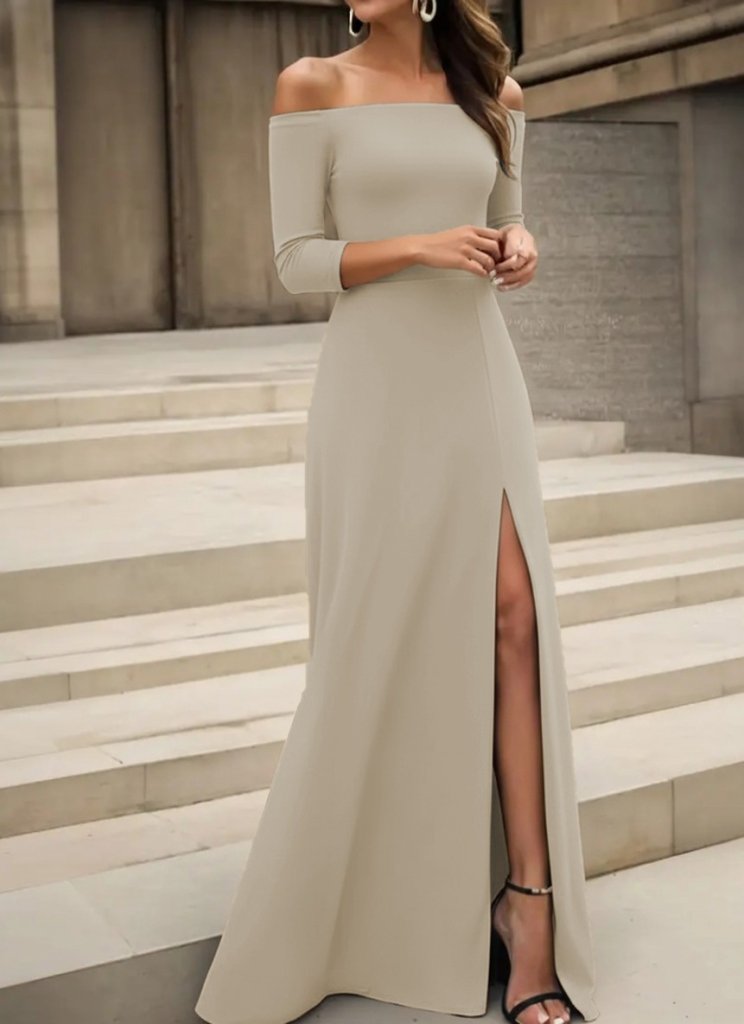 Women's Long-Sleeved Madonna Neck Slit Detail Long Imported Crepe Dress