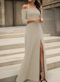 Women's Long-Sleeved Madonna Neck Slit Detail Long Imported Crepe Dress