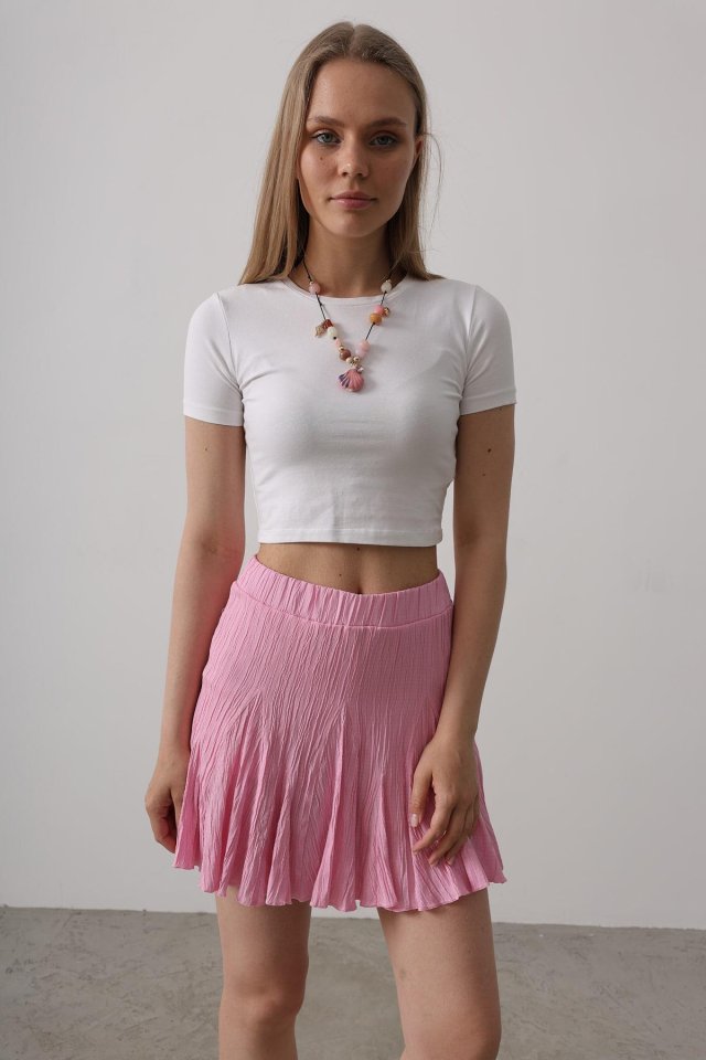 Beli Lastikli Mini Etek - Pembe
