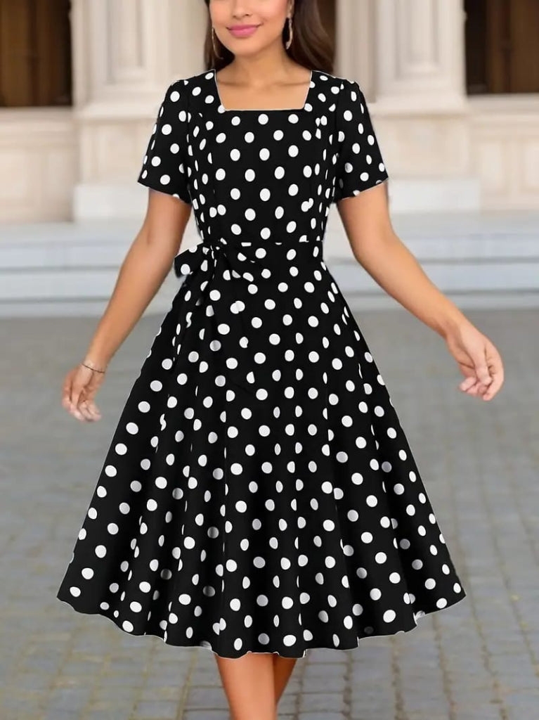 Women's Short Sleeve Geometric Neckline Polka Dot Flared Midi Jersey Dress