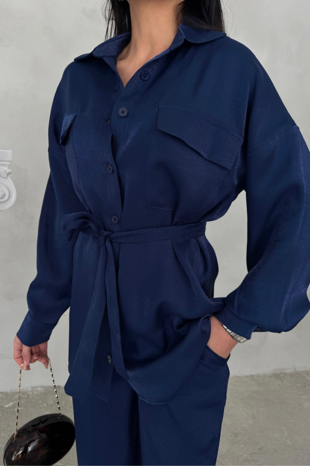 SHIMMER FABRIC RELAXED FIT PANT AND SHIRT SET - Navy