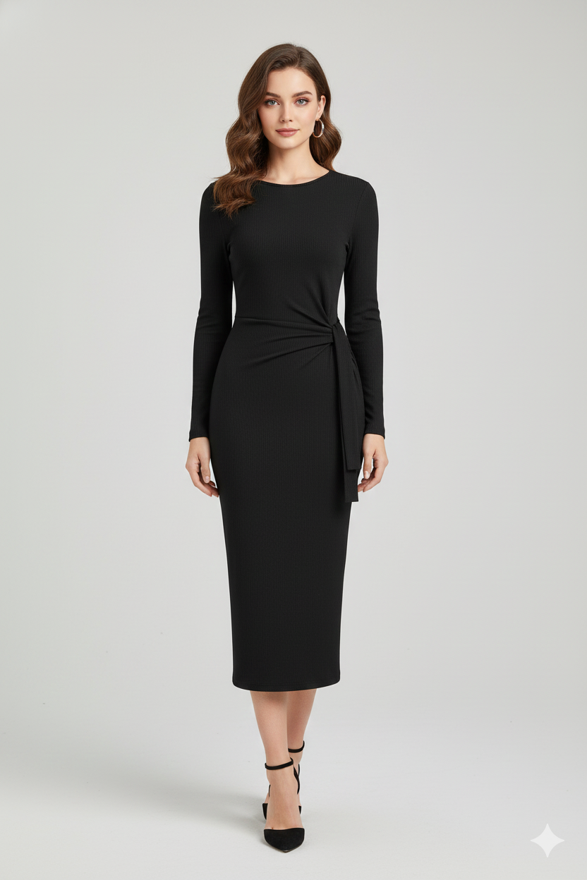 Kadın Siyah Yandan Bel Bağlamalı Uzun Elbise