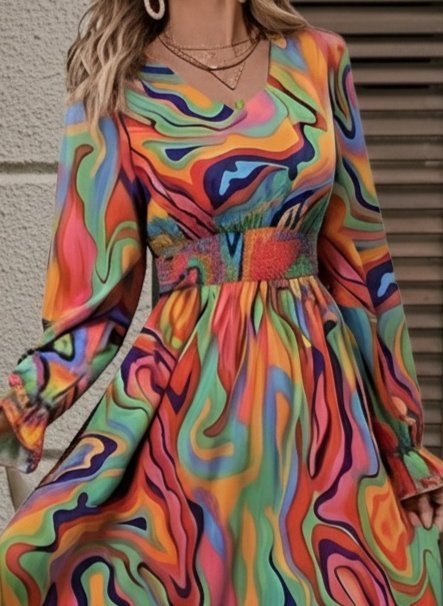 Women's Long Sleeve V-Neck Patterned Maxi Supima Dress