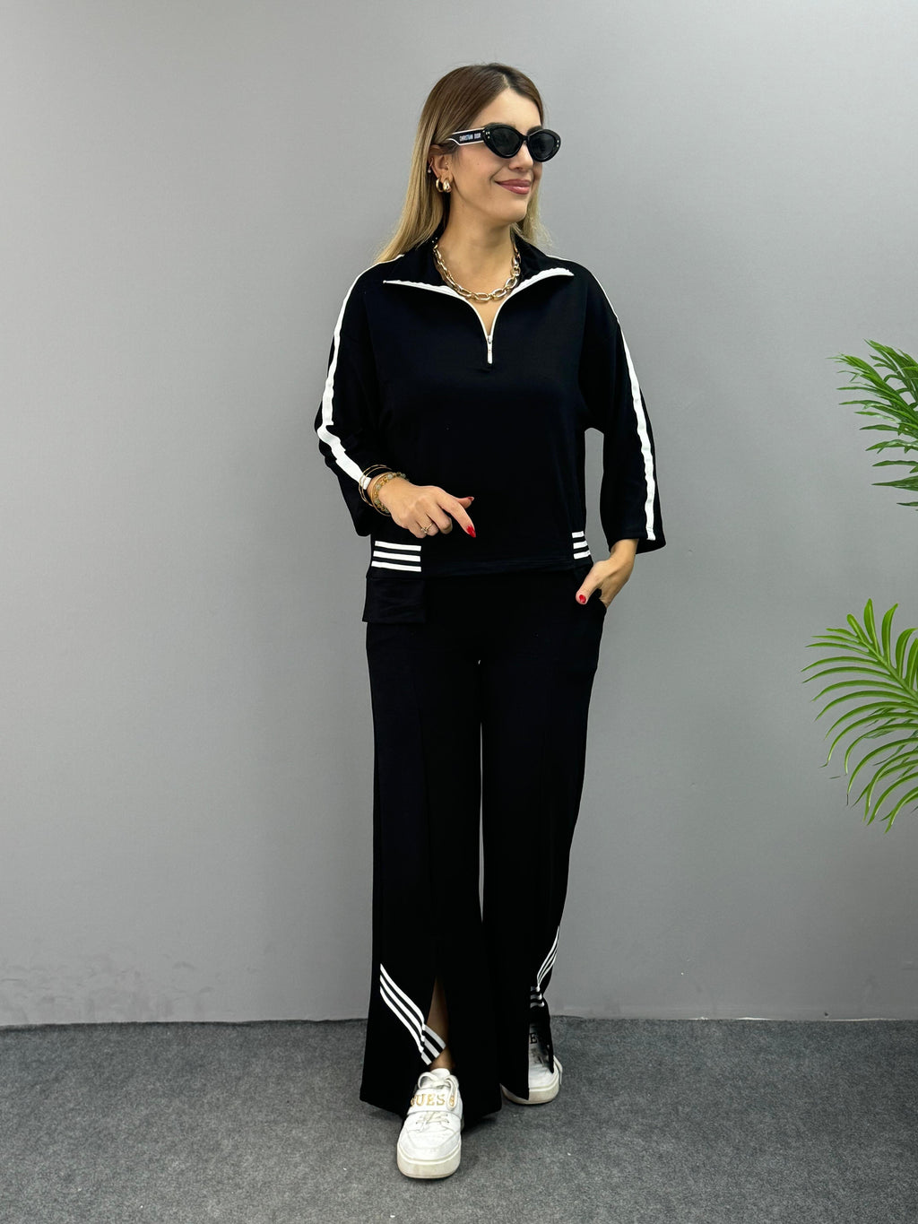 Women's Ribbed Polo Neck Two-Piece Set with Slit Hem