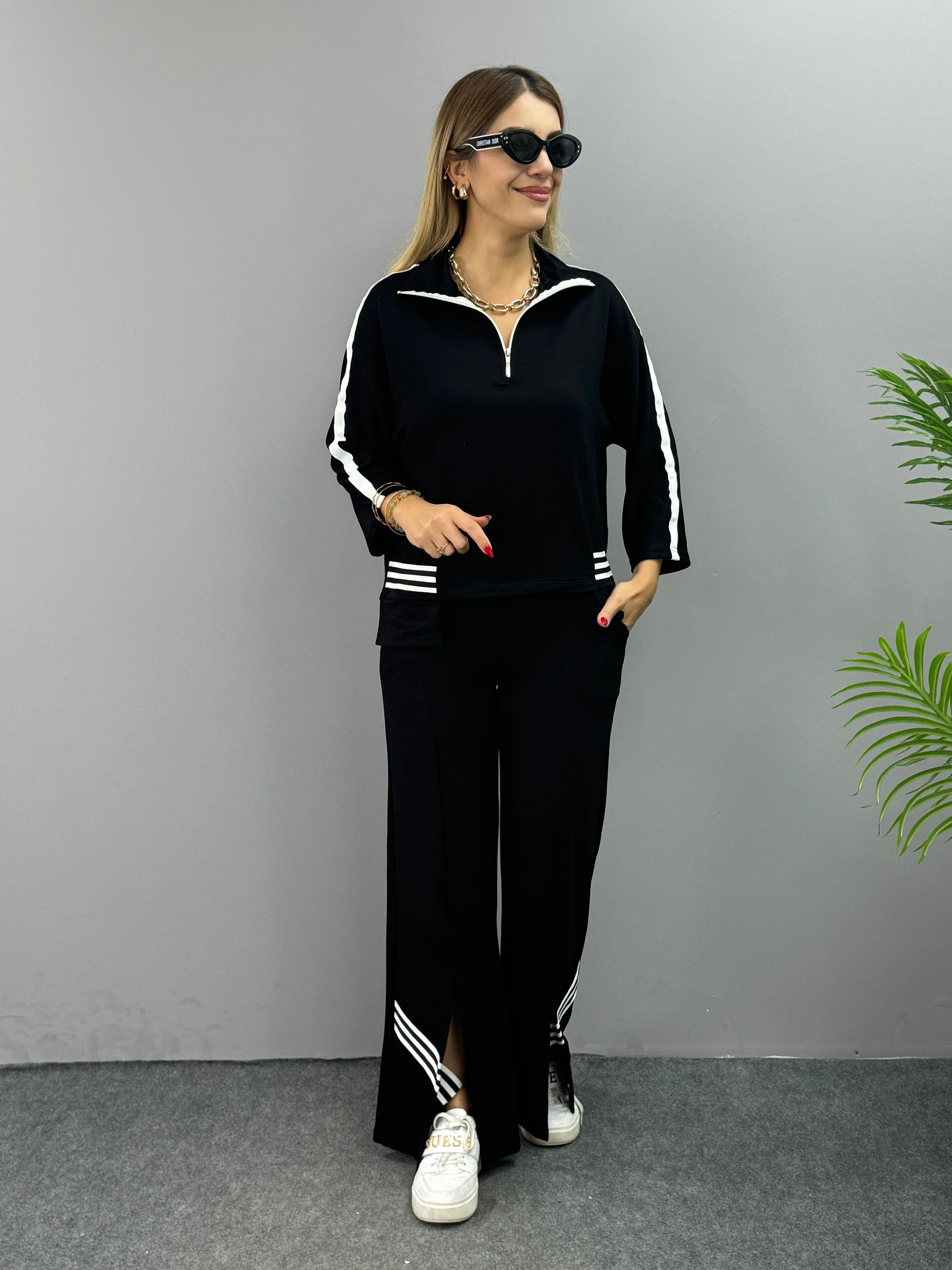 Women's Ribbed Polo Neck Two-Piece Set with Slit Hem