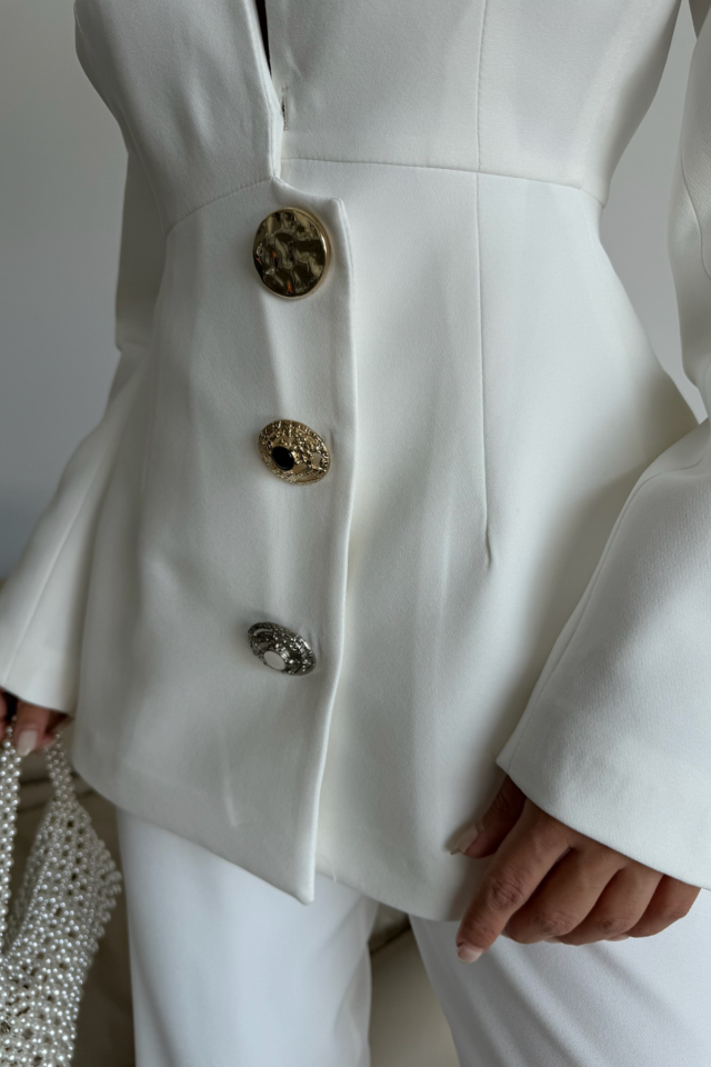 DESIGNER JACKET-TROUSER SET WITH METAL BUTTON DETAIL - White