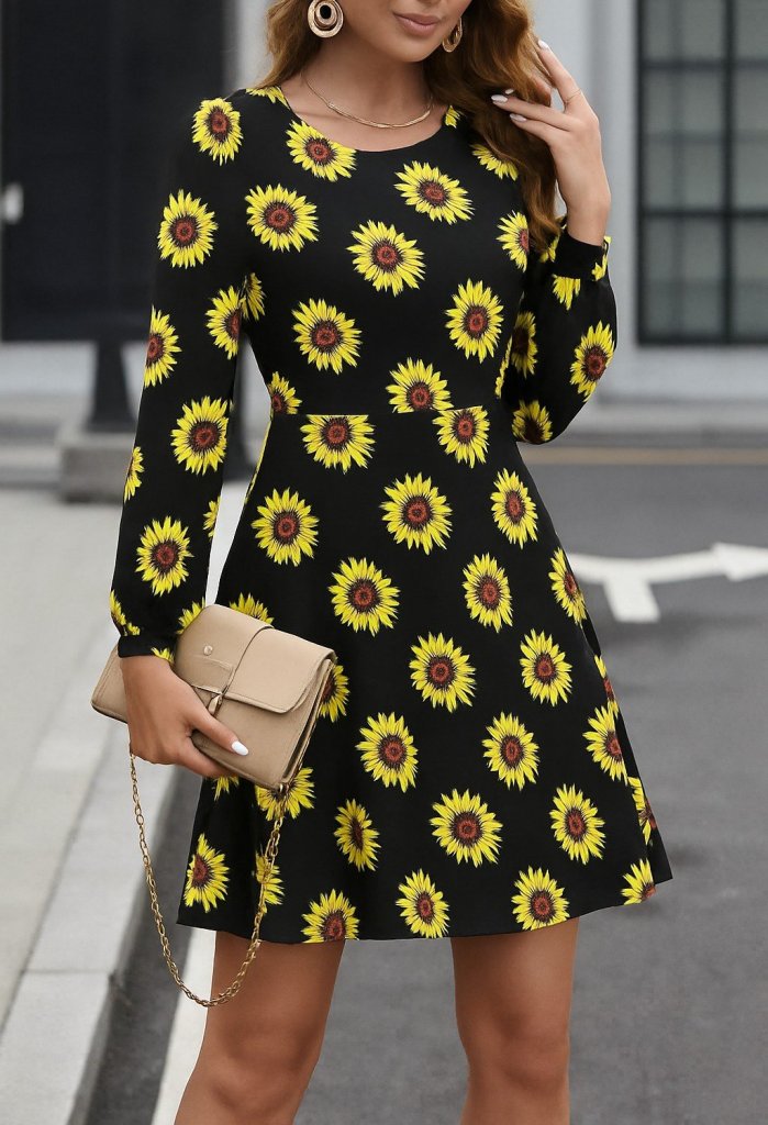 Women's Long Sleeve Crew Neck Patterned Short Crepe Dress