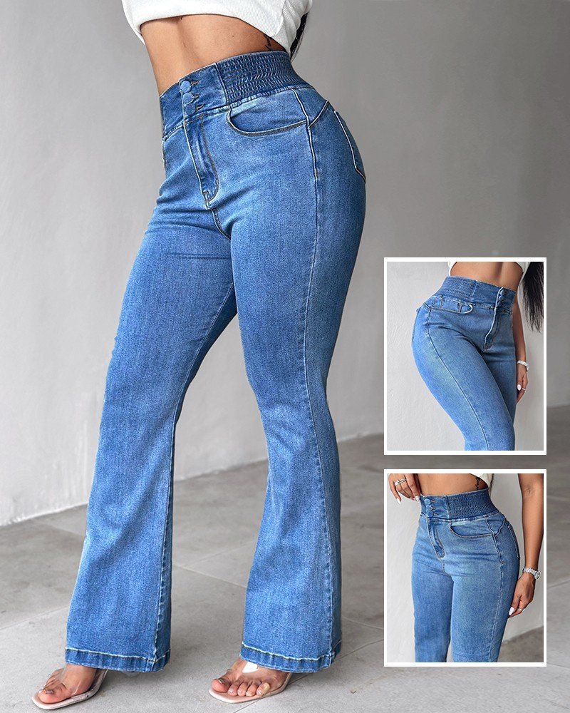 Women's High Waist Elasticated Sides Button Front Jeans