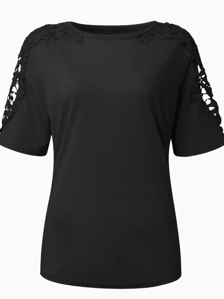 Women's Short Sleeve Crew Neck Viscose Blouse with Floral Guipure Detail on Sleeves