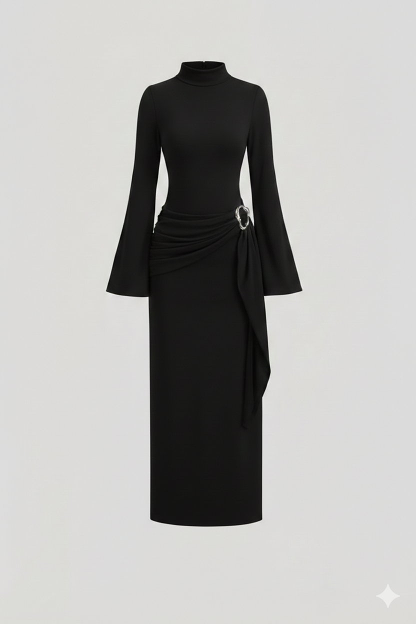 Siyah Kadın Dik Yaka Toka Detaylı Kuşaklı Toparlayıcı Dar Kalıp Uzun Trend Tasarım Elbise
